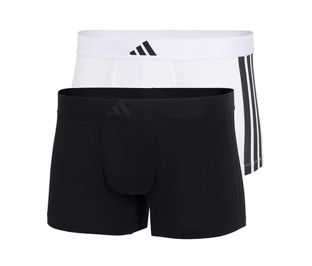 Dvoje boxerky adidas Active Flex Cotton v černé a bílé barvě, černé v popředí, bílé se třemi pruhy na boku.