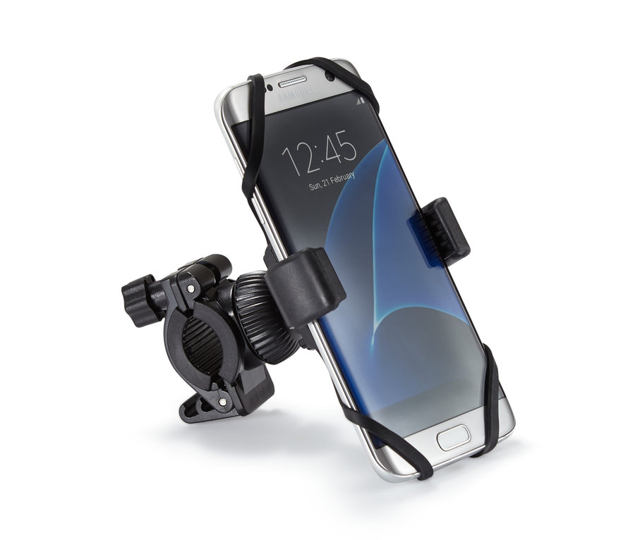 Černý držák smartphonu na kolo s telefonem Samsung.