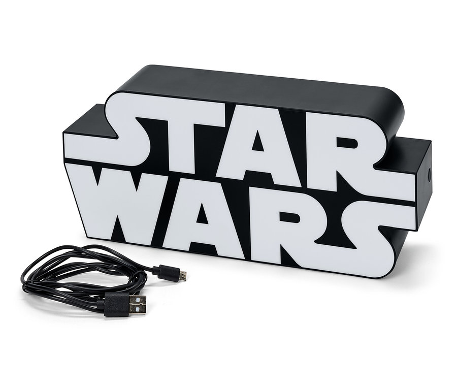 Černo-bílá lampa s nápisem Star Wars a kabelem.