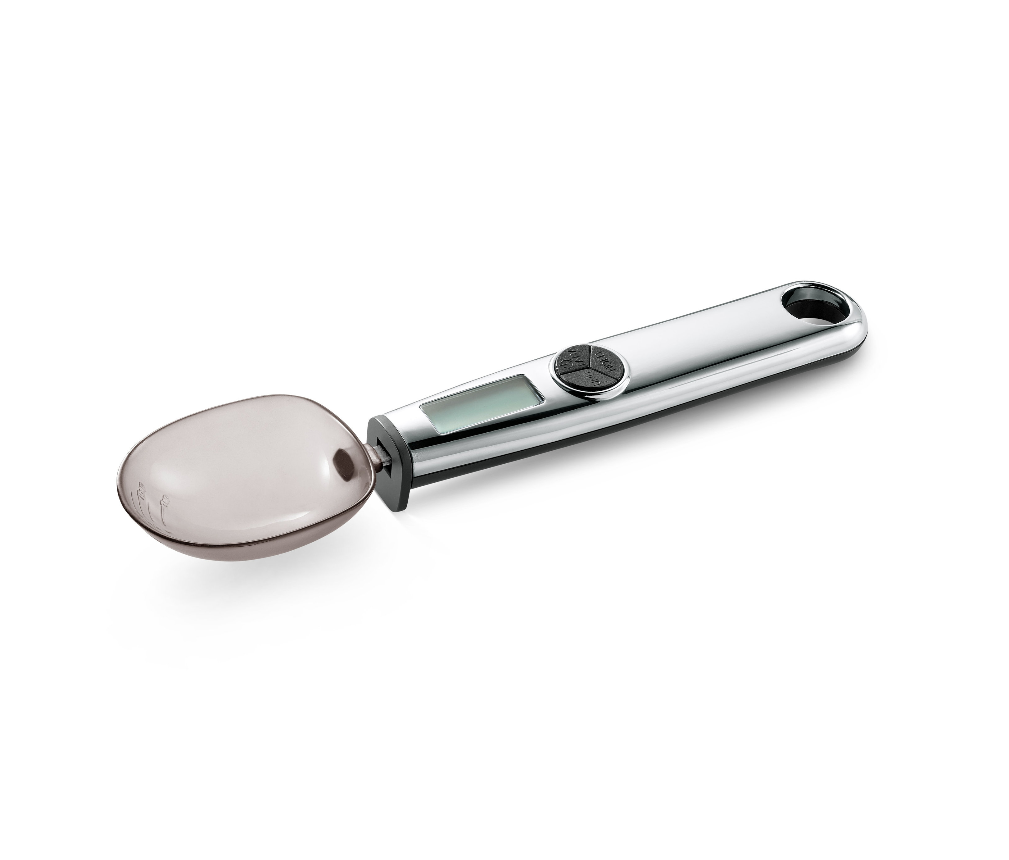 Digitální lžícová váha na bílém pozadí.