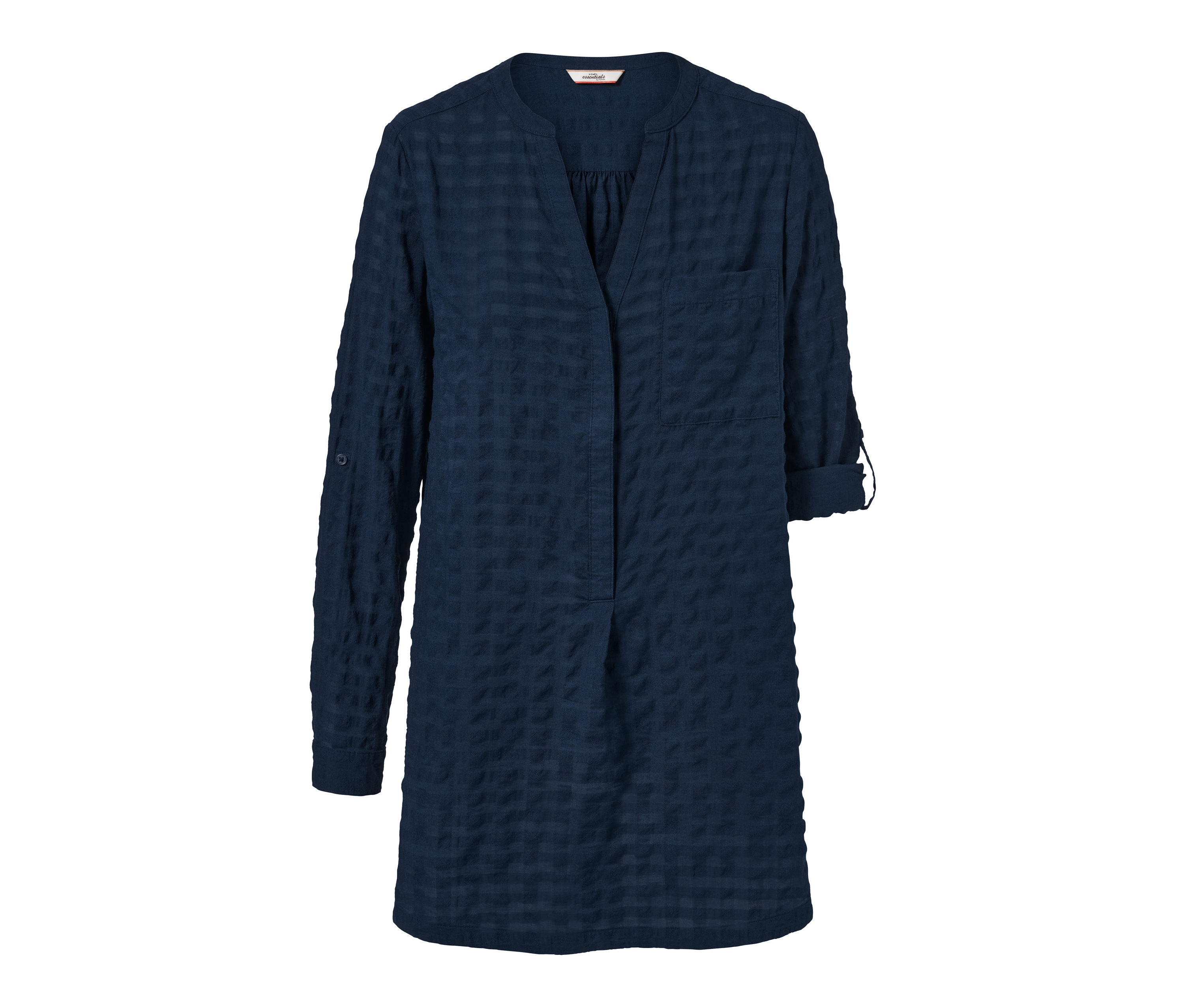 Modrá tunika s tkanou strukturou.