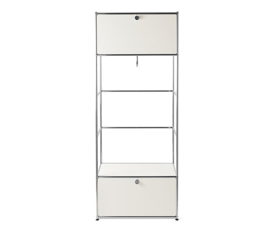 Bílý kovový věšák na šaty CN3 se dvěma skříňkami a otevřenými policemi.