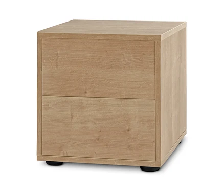 Regálový modul Flemming s dubovým dekorem a dvěma zásuvkami o rozměrech cca 37,5 x 37,5 cm.
