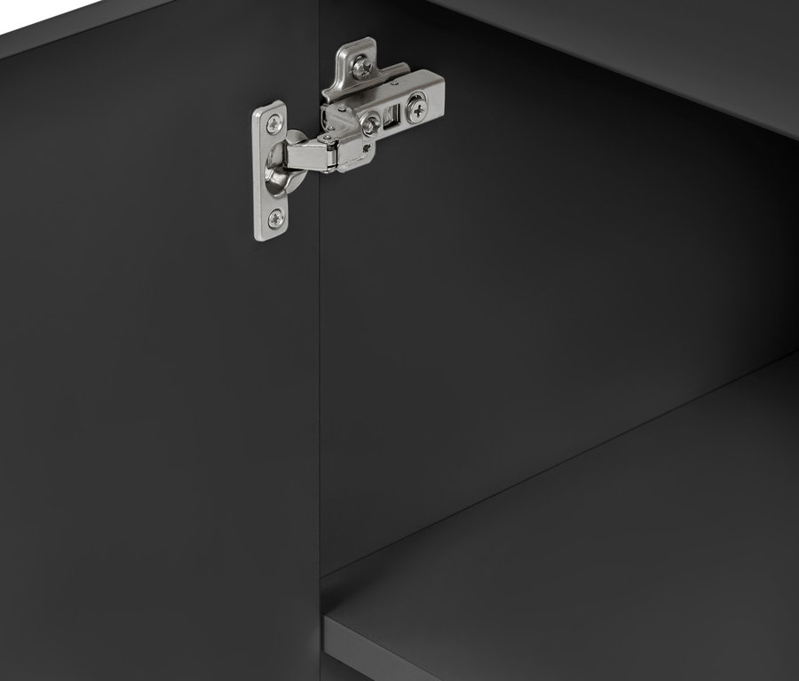 Detail interiéru antracitové koupelnové skříňky Eklund s panty.