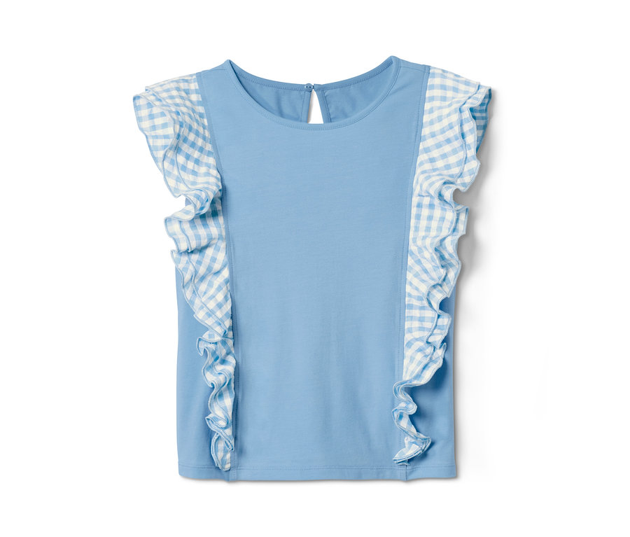 Modré tričko z biobavlny s kostkovanými volánky.