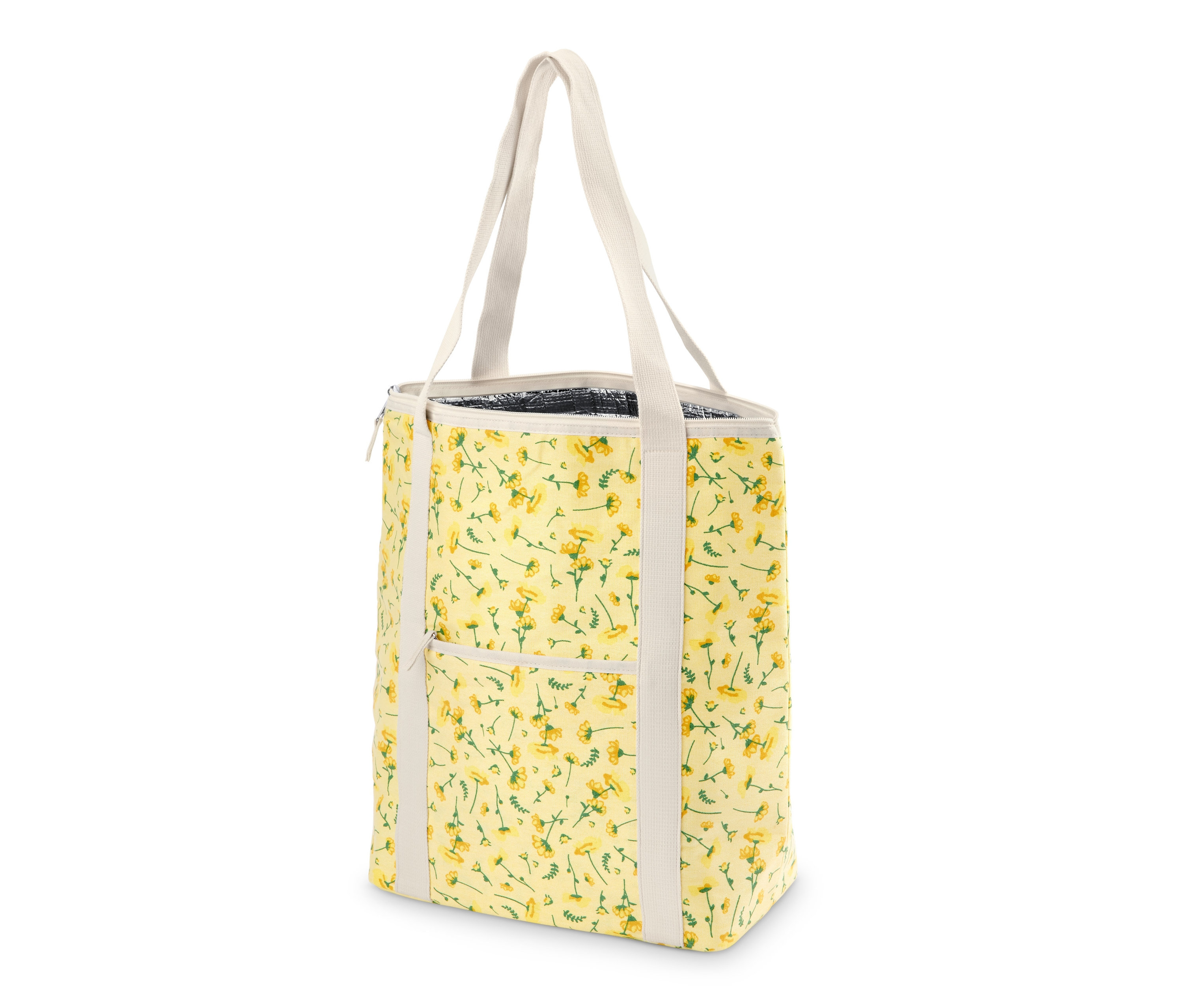 Žlutá chladicí taška s květinovým vzorem a bílými uchy.