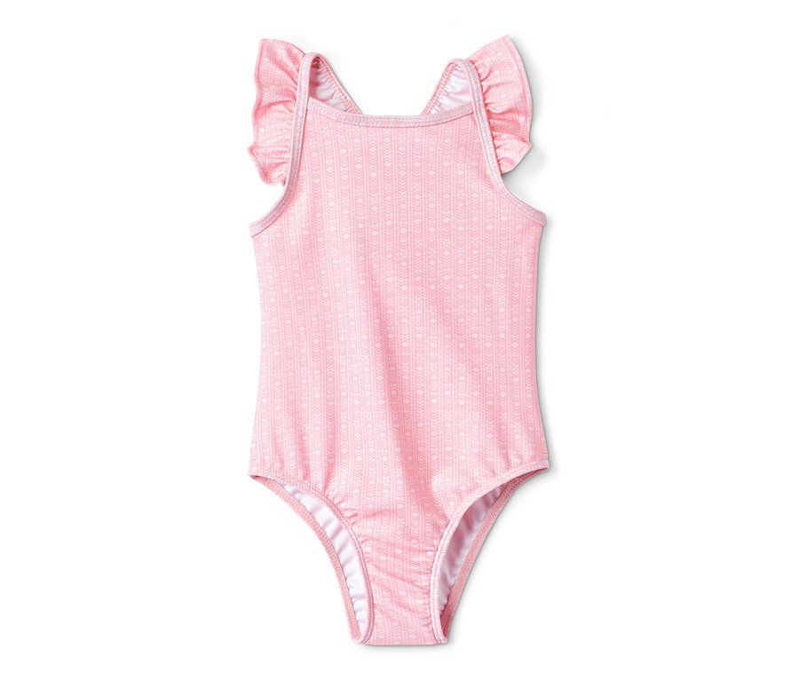 Růžové plavky s recyklovaného materiálu s volánky na ramenou.