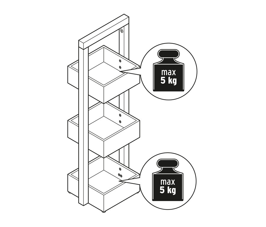 Nákres stojacího regálu se 3 úložnými přihrádkami, antracitového.