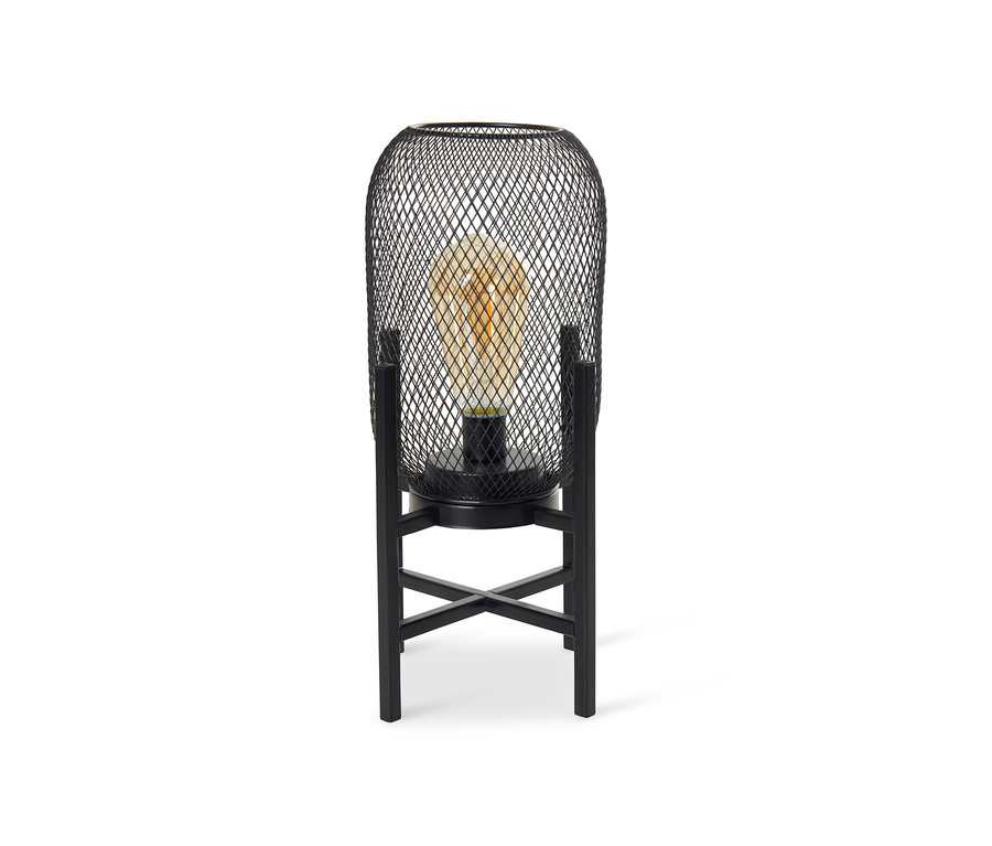 Černá venkovní stolní LED lampa s kovovou mřížkou.