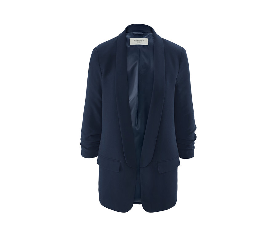 Tmavě modré sako Blejzr s nařasenými rukávy na bílém pozadí.