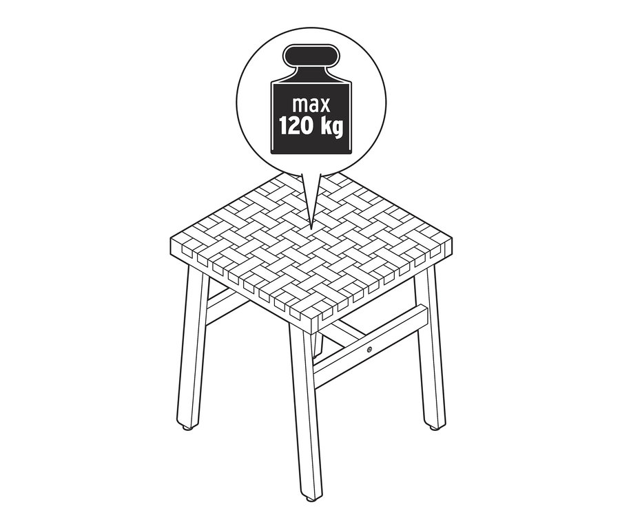 Ilustrace stoličky s výpletem a maximální nosností 120 kg.