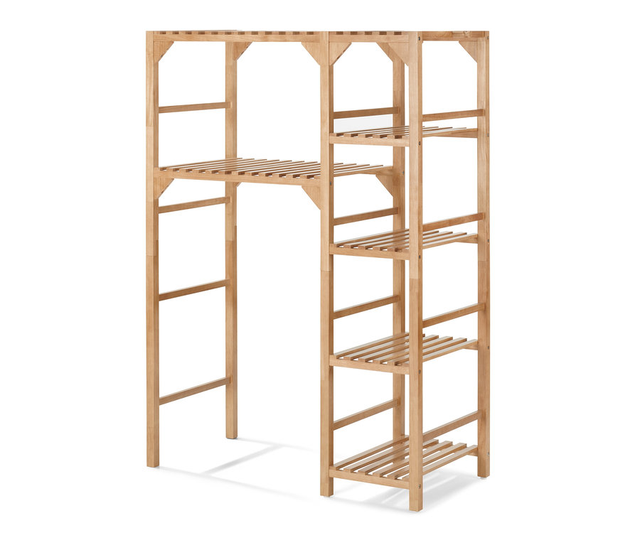 Dřevěný regál na pračku s bočním prvkem a několika policemi.