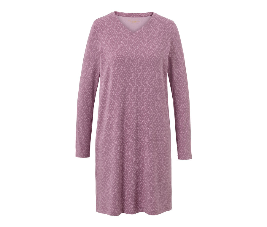 Fialová noční košile s dlouhými rukávy a vzorem listů.