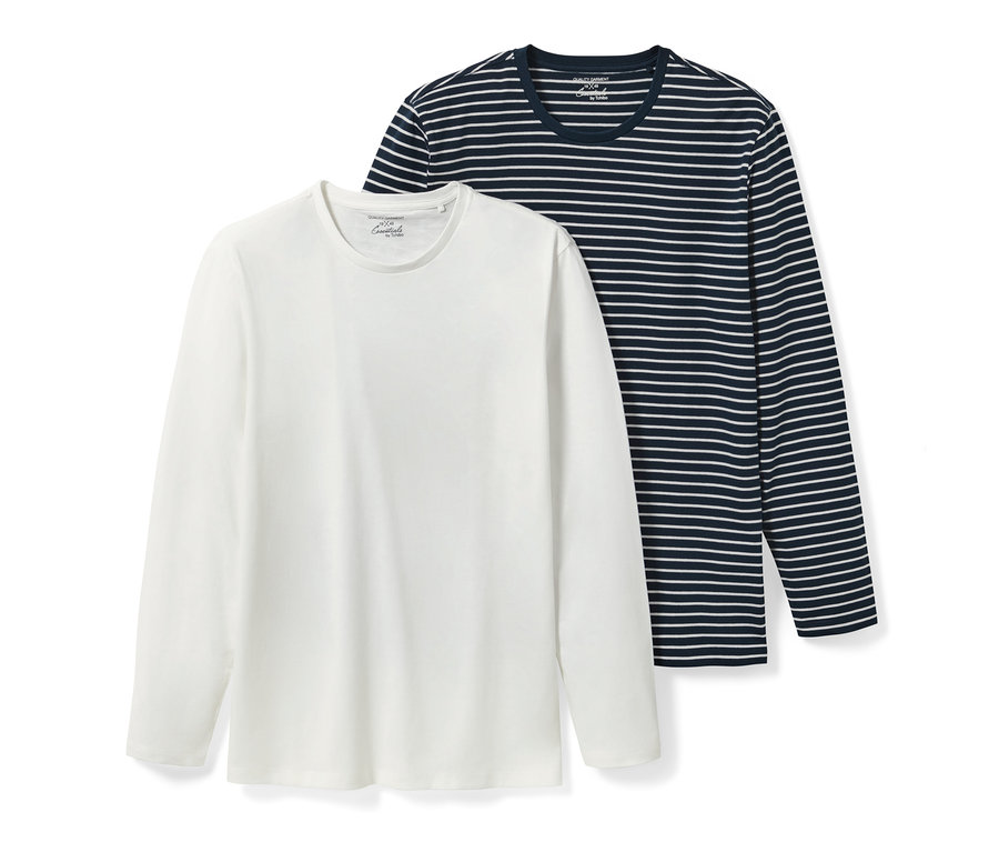 Dvě trička s dlouhým rukávem: bílé a modro-bílé pruhované.