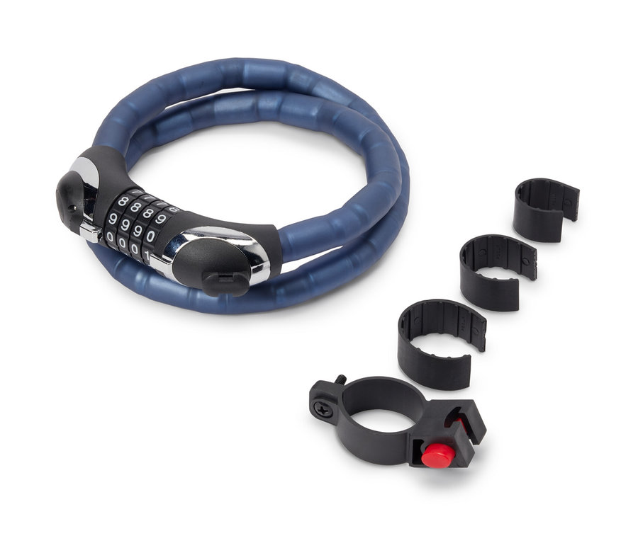 Modrý pancéřový kabelový zámek s LED a držákem.