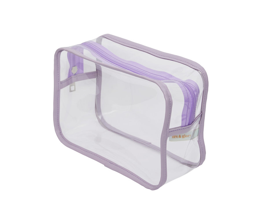 Průhledná toaletní taštička s fialovým zipem.