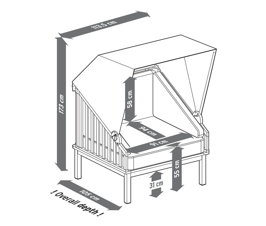 Nákres plážového koše prémiové kvality se stříškou proti slunci a podnožkou s vyznačenými rozměry.