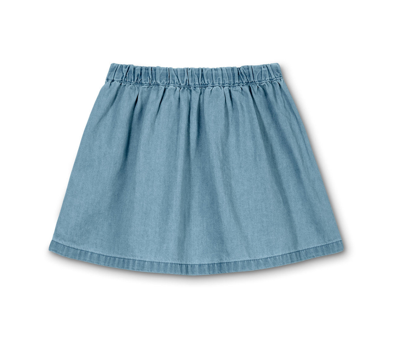 Dívčí denimová sukně s elastickým pasem na bílém pozadí.