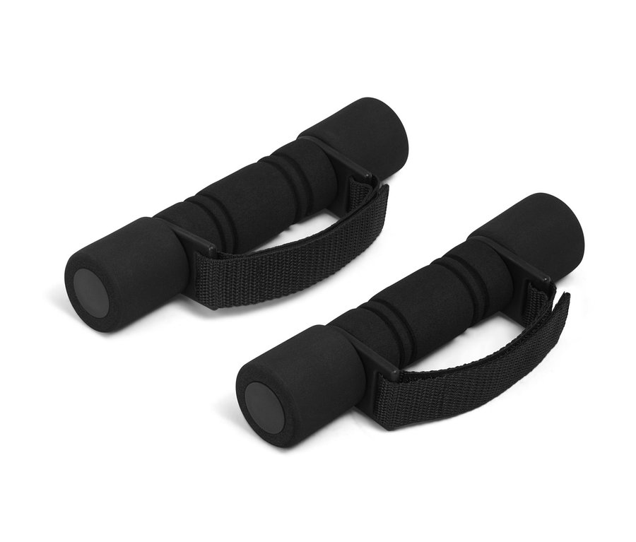 Dvě černé běžecké a gymnastické činky leží na bílém pozadí.