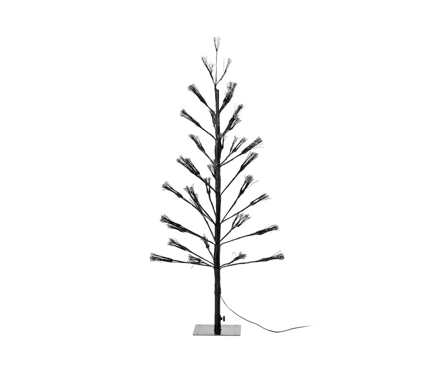 Černý skládací stromek s LED světly, malý, na bílém pozadí.