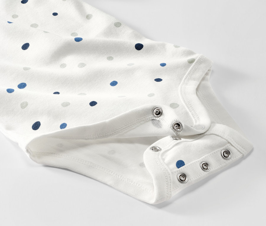 Detail rostoucího body pro miminka s modrými a šedými puntíky, 5 ks.