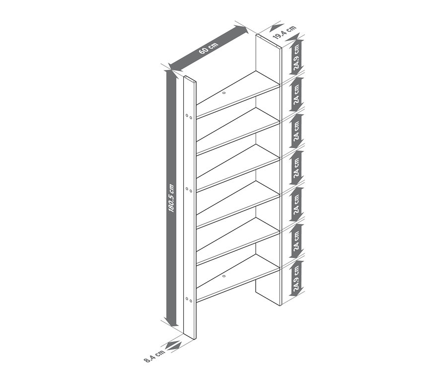 Náčrt regálu za dveře s rozměry.