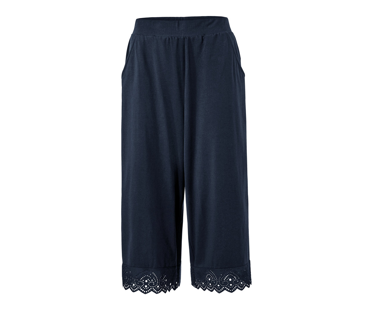 Tmavě modré culottes kalhoty s výšivkou na lemu.