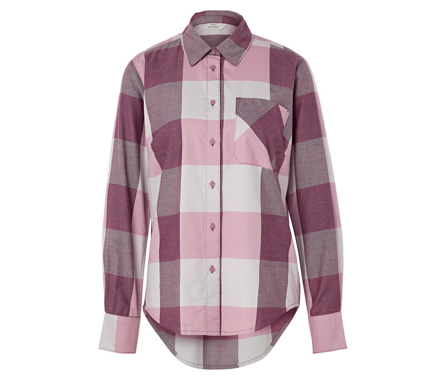 Kostkovaná košile s dlouhým rukávem v odstínech růžové a šedé.