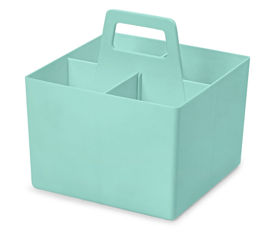 Světle modrý plastový úložný box s držadlem a čtyřmi přihrádkami.