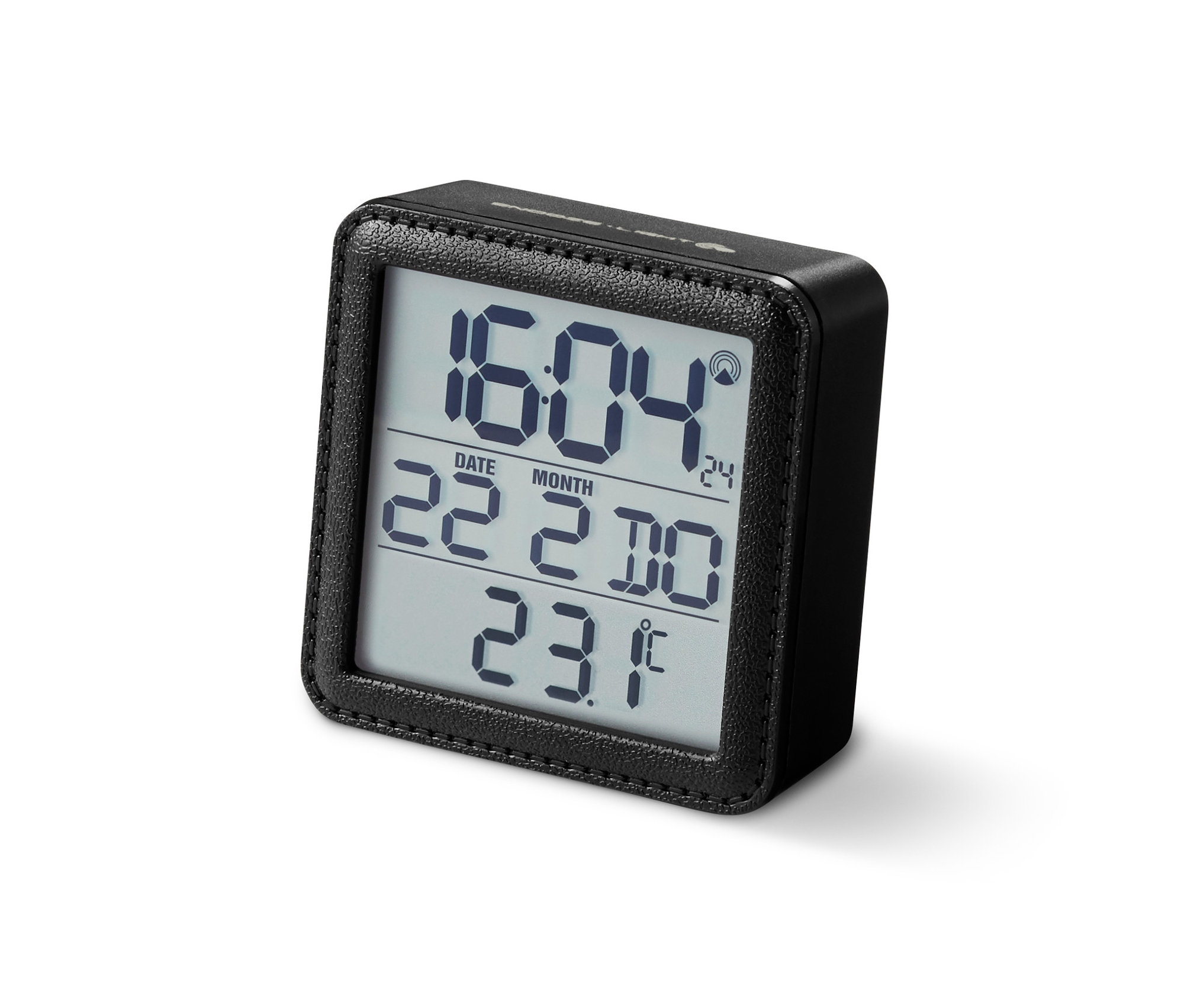 Černý digitální budík řízený rádiovým signálem zobrazuje čas, datum a teplotu.