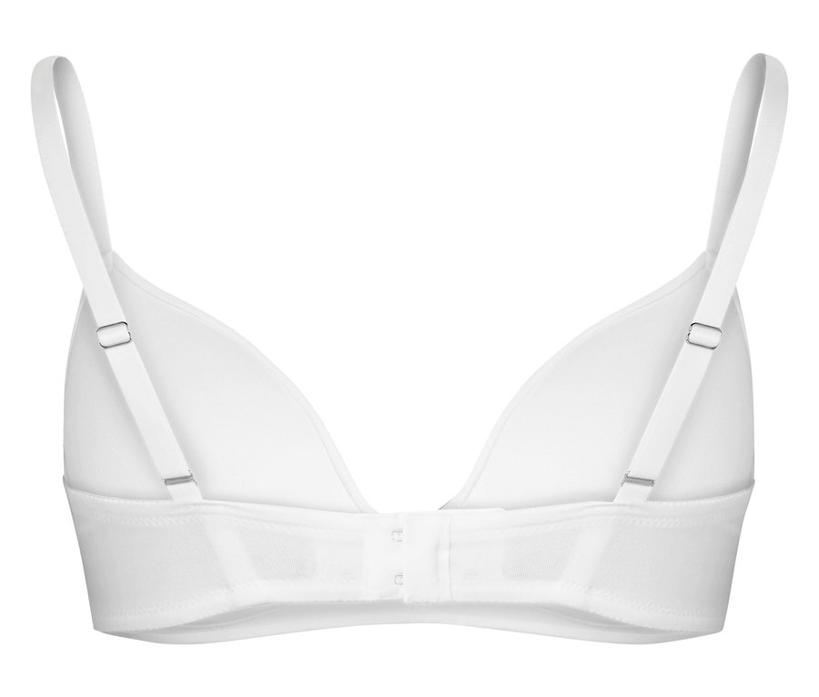 Zadní pohled na bílou podprsenku s nastavitelnými ramínky a zapínáním na háčky.