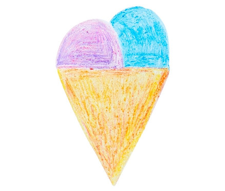 Kresba zmrzlinového kornoutu se dvěma kopečky zmrzliny pomocí konfetových voskovek, 6 ks.