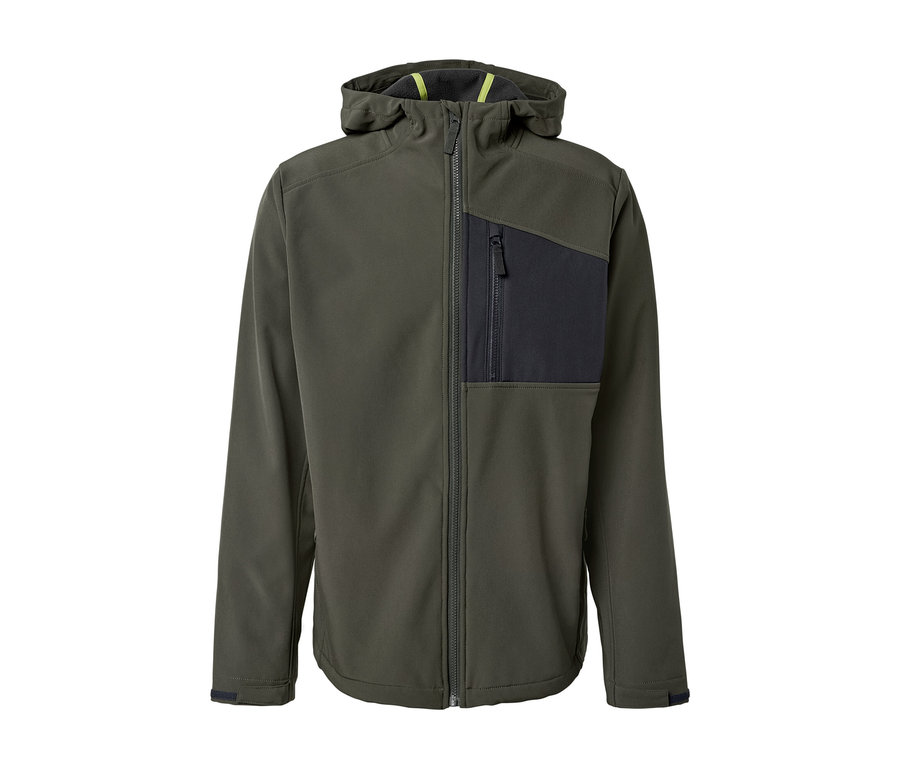Zelená softshellová bunda se zipem a kapucí.