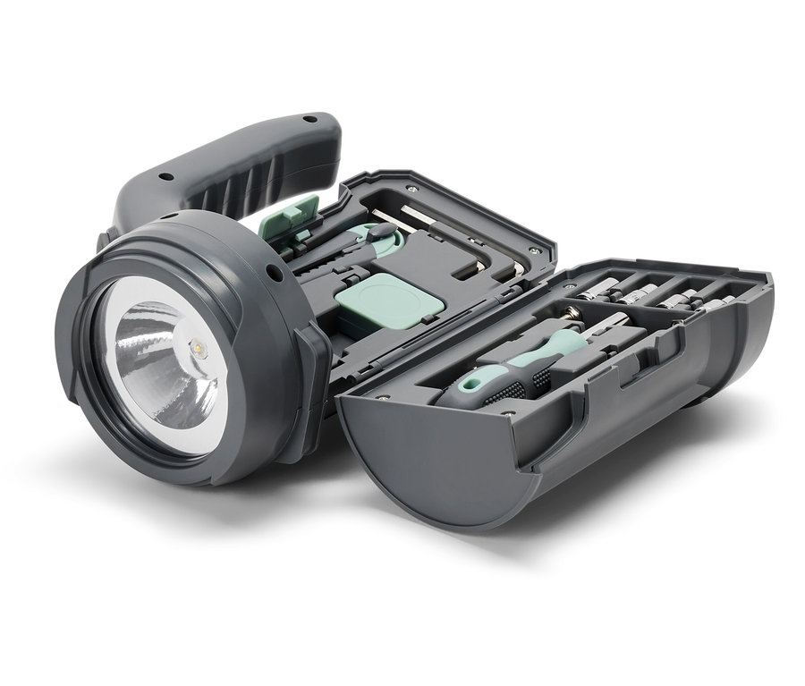 Šedé multifunkční LED světlo 17 v 1 s otevřeným pouzdrem na šroubováky.
