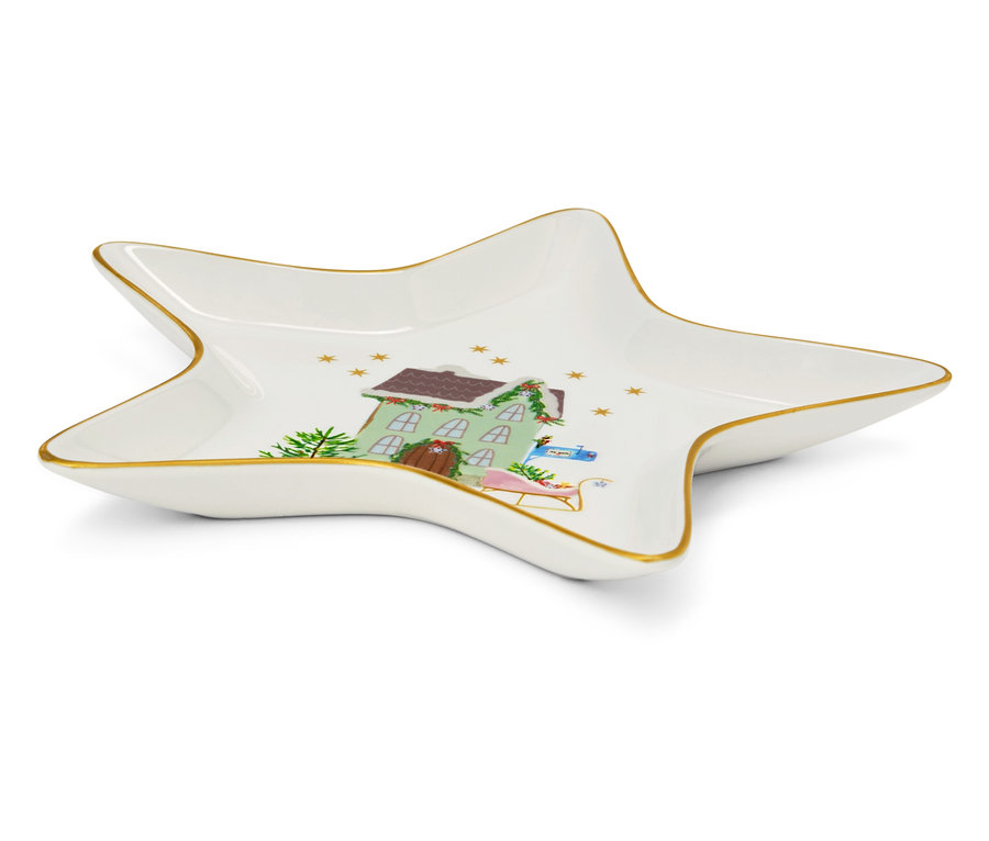 Hvězdicovitá ozdobná miska s vánočním motivem chalupy, stromku a saní.