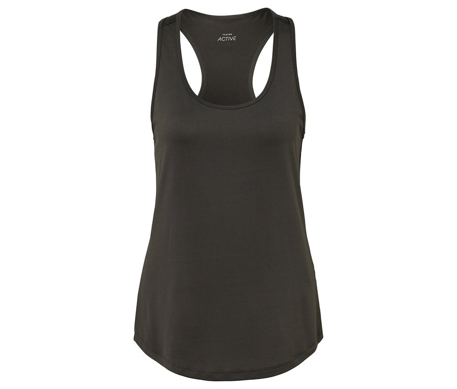 Tmavě šedé sportovní tílko s úzkými ramínky.