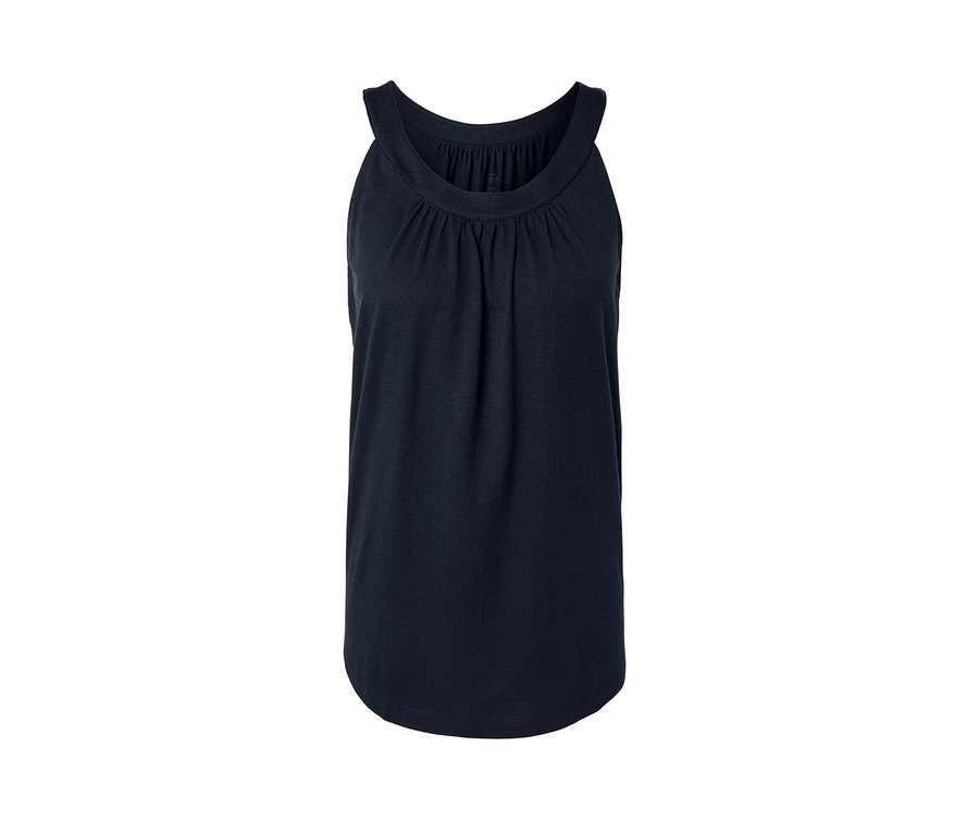 Tmavomodrý top s nabíraným výstřihem.