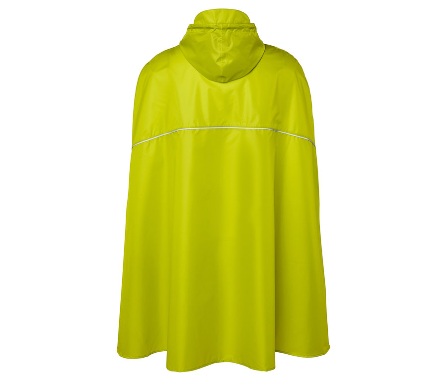 Žlutá pláštěnka s kapucí a reflexním pruhem, pohled zezadu.