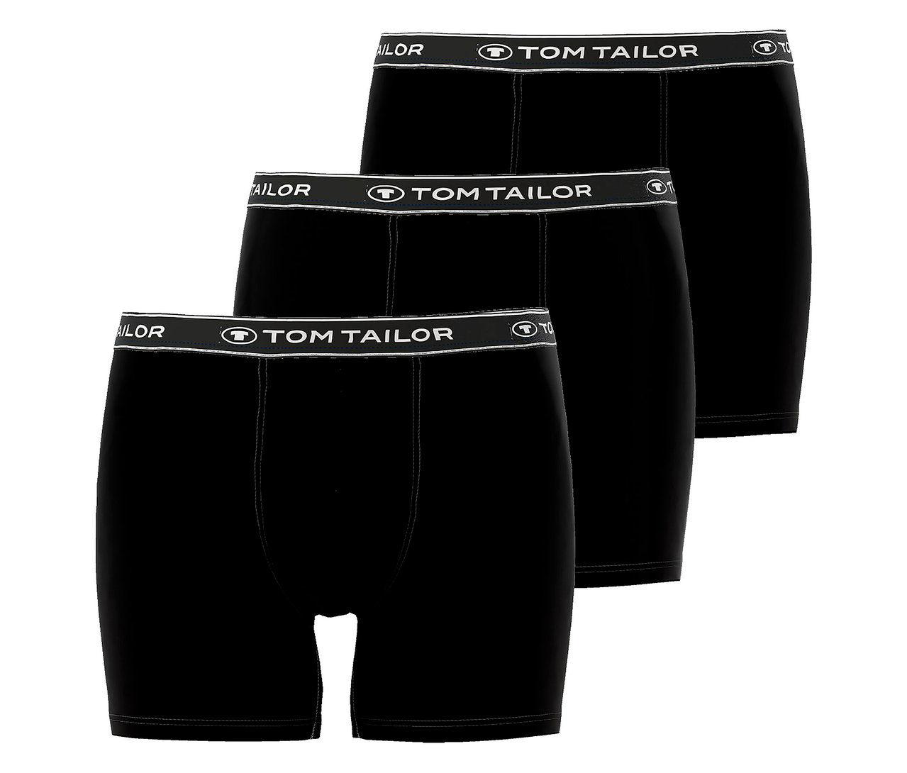 Tři černé boxerky Tom Tailor s elastickým pasem, naskládané na sobě.