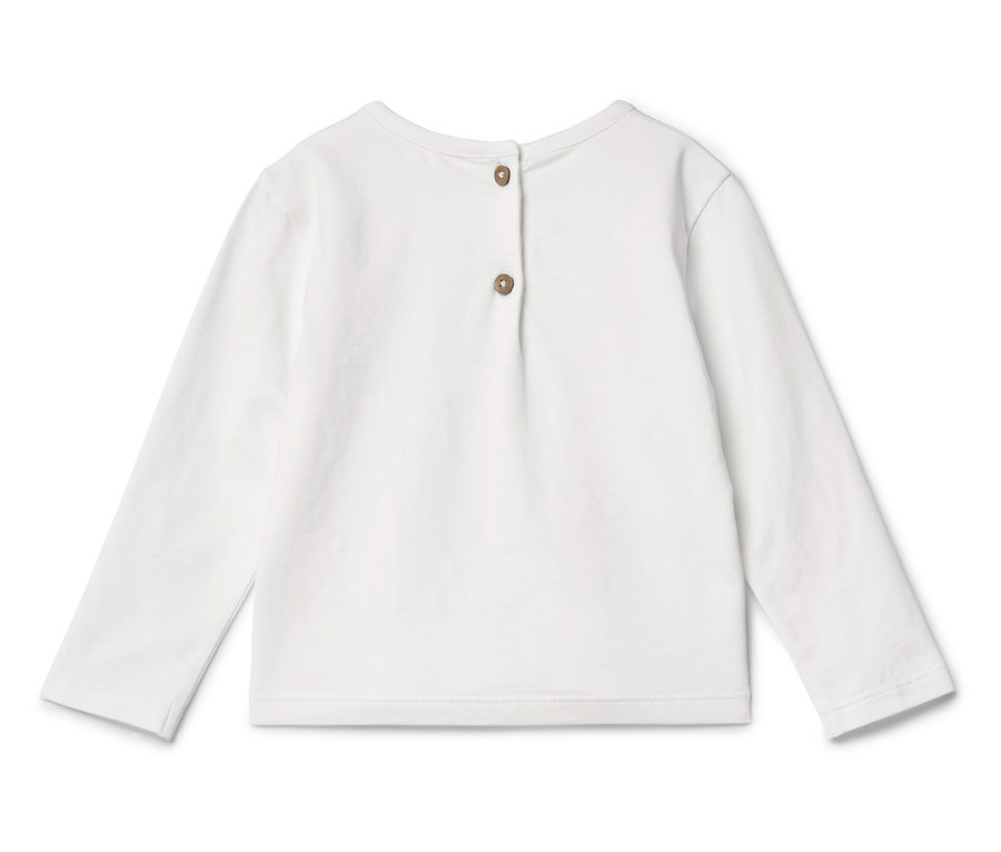 Bílé tričko s dlouhým rukávem se dvěma knoflíky na zadní straně.