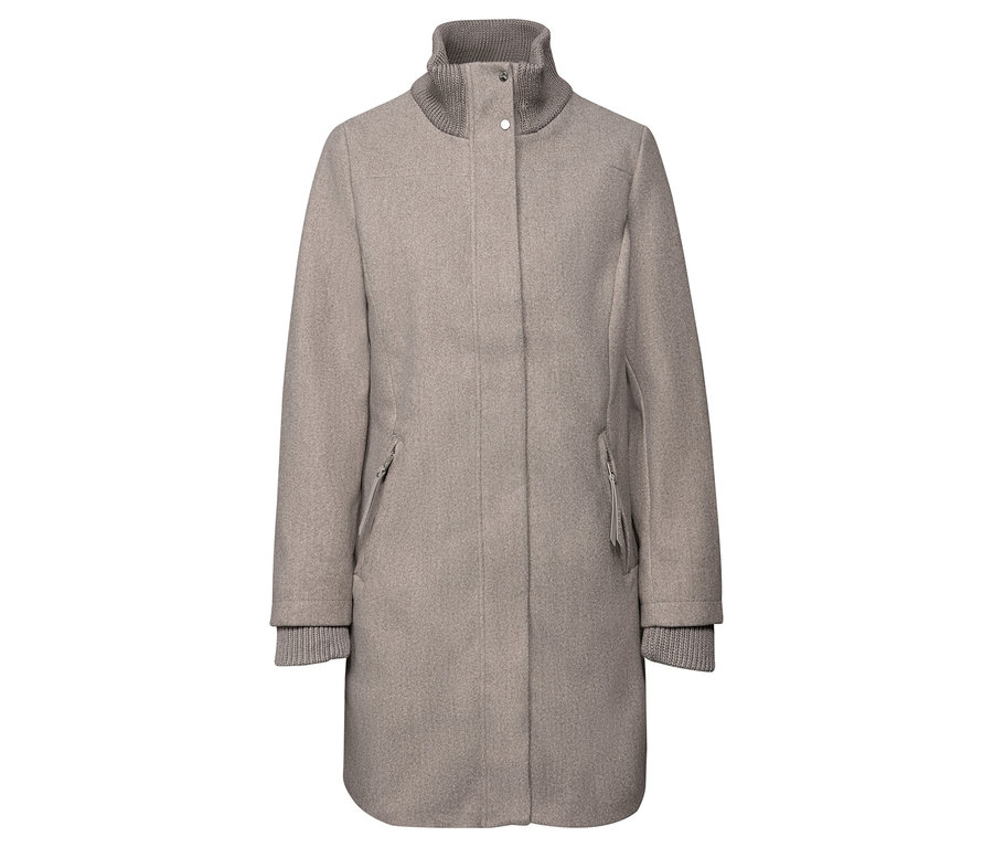 Krátký kabát Street One je světle hnědý a má šedý pletený límec.