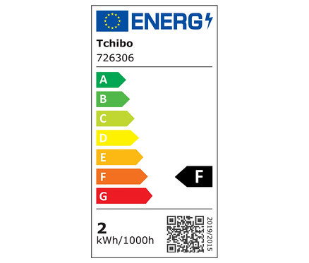 Energetický štítek Tchibo, model 726306, s třídou energetické účinnosti F a spotřebou 2 kWh/1000h.