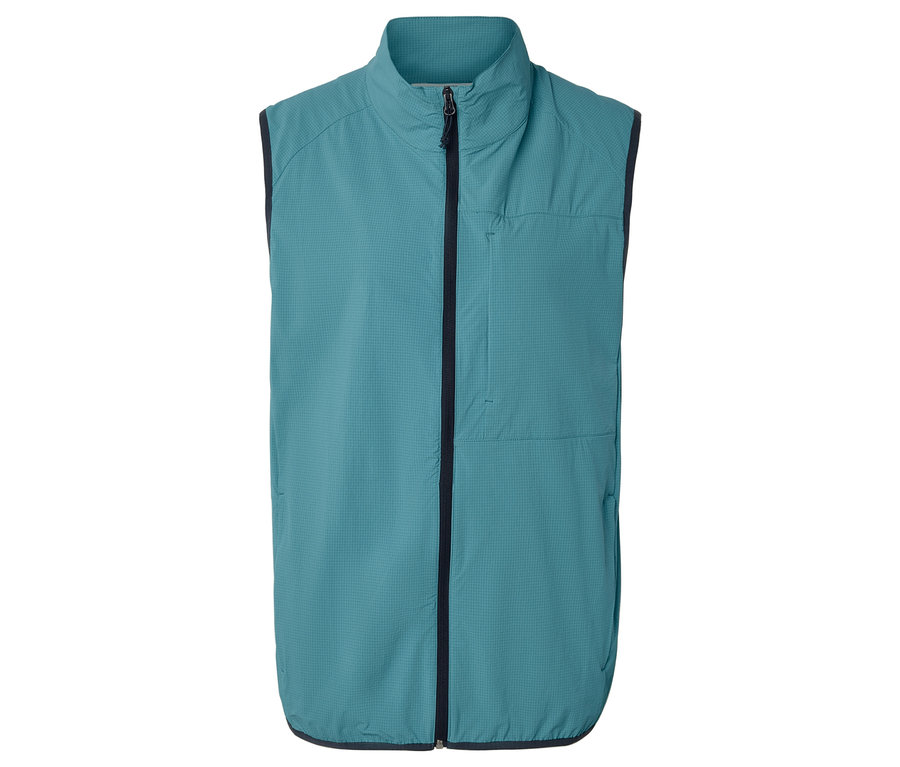 Světle modrá vesta s celopropínacím zipem.
