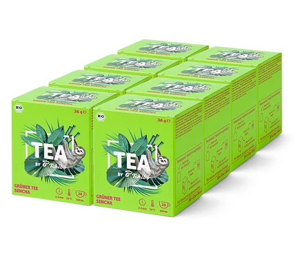 Devět zelených balení čaje Green Tea Sencha od společnosti Tchibo s obrázkem lenochoda je uspořádáno do mřížky 3x3.