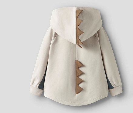 Béžová dětská mikina NAME IT s 3D dinosauří aplikací na kapuci a zádech.