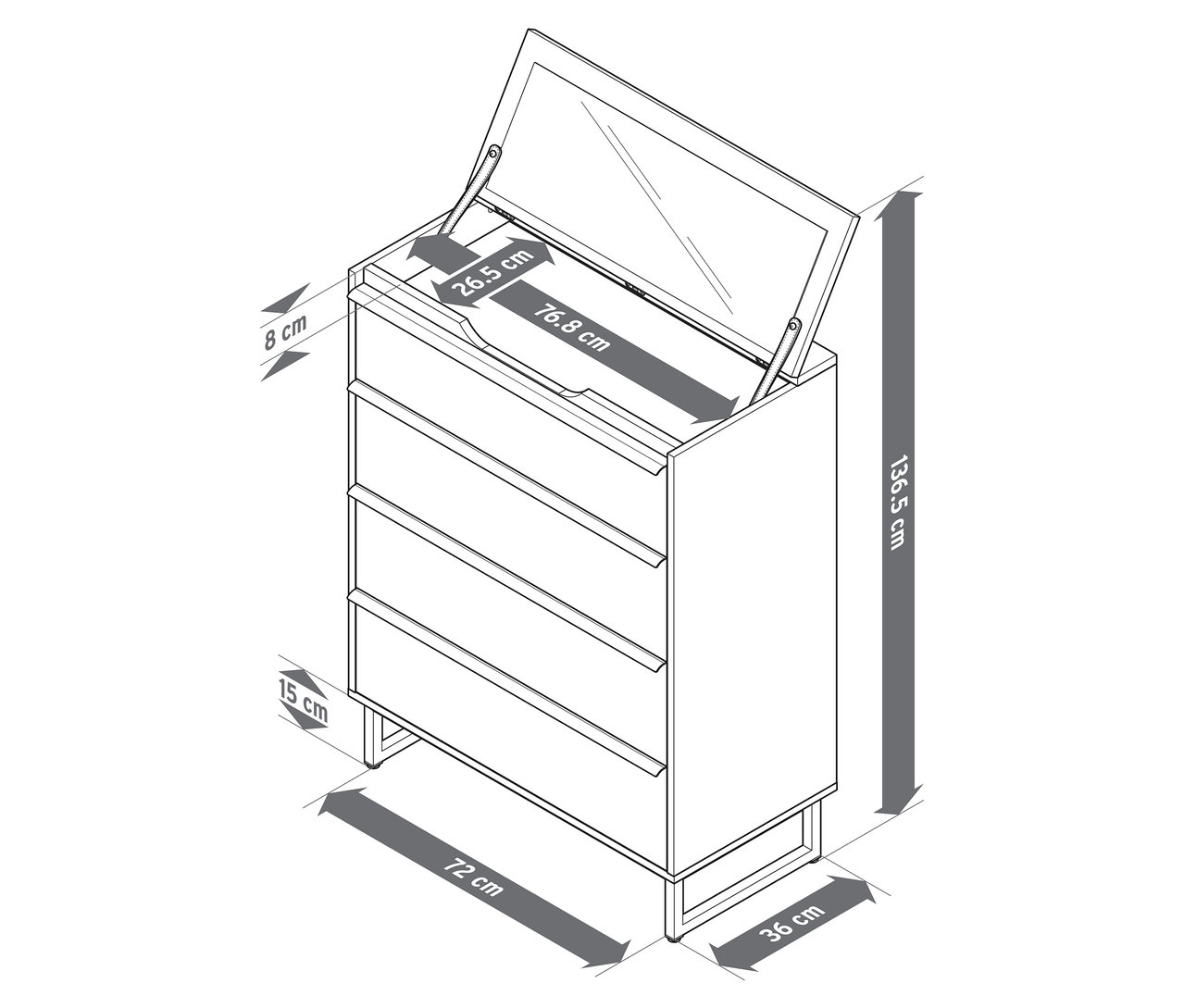 Nákres komody »LEEG« se 4 zásuvkami a zrcadlem, s uvedenými rozměry.