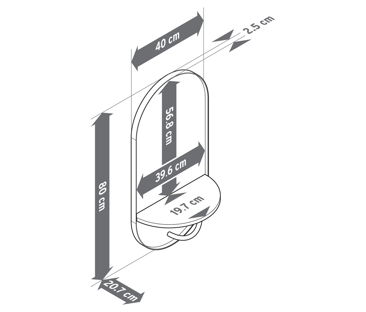 Ilustrace nástěnného zrcadla s policí a šatní tyčí s rozměry.