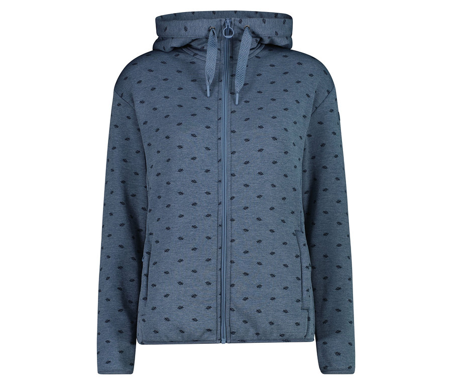 Světle modrá mikina s kapucí a zipem, zdobená jemným vzorem.