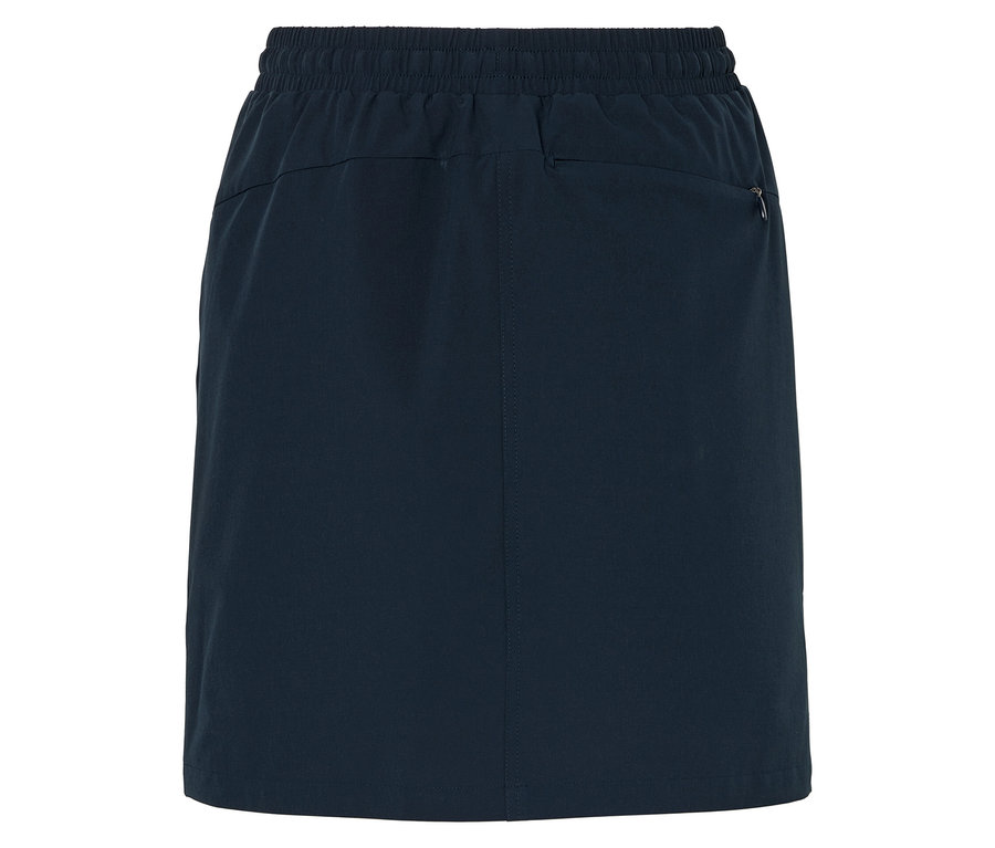 Pohled zezadu na tmavě modrou sukni s elastickým pasem.