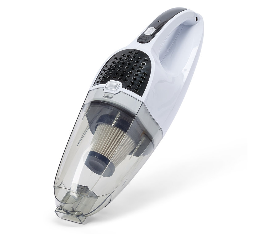 Bílý ruční vysavač s průhlednou nádobou na prach a filtrem na bílém pozadí.